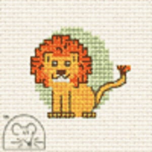 May include: A cross-stitch design of a cartoon lion with an orange mane and tail, sitting on a green circle. The lion is yellow and brown, with a small sketch of a mouse in the lower left corner.