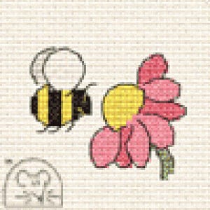 May include: A cartoon bee with black and yellow stripes and a pink flower with a yellow centre. The bee and flower are on a white background with a subtle grid pattern.