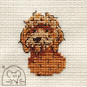 May include: A pixelated image of a brown dog, possibly a poodle, with a curly coat. The dog is set against a light beige background. A small, simple drawing of a mouse is in the lower left corner of the image.