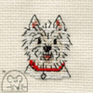 May include: A digital illustration of a West Highland White Terrier. The dog has white fur, black eyes, and a red collar. The dog's tongue is visible. A small, blurry outline of a dog house is in the lower left corner.