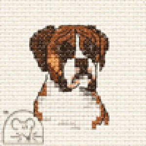 May include: A pixelated illustration of a dog with brown and white fur, set against a light beige background. The dog is facing forward, with its head and upper body visible. The image has a mosaic-like appearance.