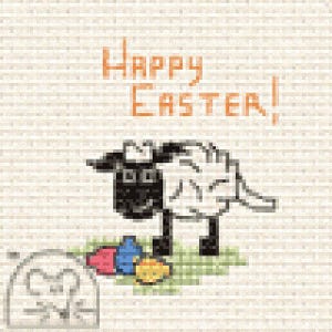 May include: A pixelated illustration with the text "Happy Easter!" features a black and white sheep standing on green grass with colourful Easter eggs. A partially visible outline of an Easter bunny is in the lower left corner.