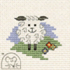 May include: Cross-stitch design of a sheep with a smiling face, black legs, and dark grey ears. The sheep has a light blue mane and is standing on a green patch with orange and blue flowers. A small, grey illustration is in the lower left corner.