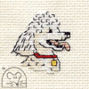 May include: A cross-stitch design of a white poodle with a red collar and a yellow tag. The dog is shown in profile, with its tongue out. A small, blurry image of a mouse is in the lower left corner.