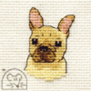 May include: A pixelated image of a French Bulldog's face, with a tan coat and pink-lined ears. The dog has dark eyes and nose. The background is a light beige with horizontal lines. A small, blurry sketch is in the lower left corner.