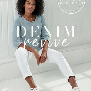 May include: A light blue knit sweater with three-quarter sleeves paired with white trousers and white sneakers. The image features the text "FOUR projects BY QUAIL STUDIO" in a circle and the large white text "DENIM revive" across the center.