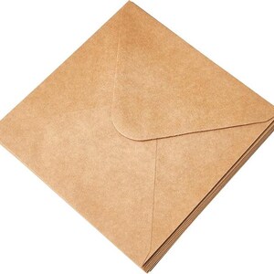 May include: A stack of square, brown paper envelopes. The envelopes are made of a textured, kraft paper material. The flap of the top envelope is closed. The envelopes are arranged in a neat, organized pile.