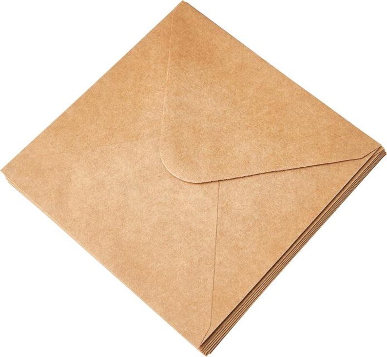 May include: A stack of square, brown paper envelopes. The envelopes are made of a textured, kraft paper material. The flap of the top envelope is closed. The envelopes are arranged in a neat, organized pile.
