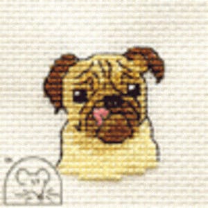 May include: Cross-stitch design featuring a pug dog with a light brown coat, dark brown ears, and a pink tongue. The dog is set against a white backdrop. A small, grey outline of a mouse is in the lower left corner.