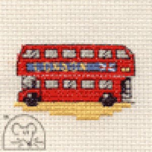May include: A pixel art style red double-decker bus with a blue horizontal stripe along the middle deck. The bus features multiple square windows, black wheels, and is positioned on a yellow ground. A small gray mouse icon is in the bottom corner.
