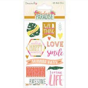Pode incluir: Uma folha de autocolantes decorativos com tema tropical. Os autocolantes apresentam frases como "Paradise", "Wild Thing", "Happy", "Love" e "Awesome". Os desenhos incluem uma folha de monstera, corações e faixas em tons de rosa, amarelo e verde.