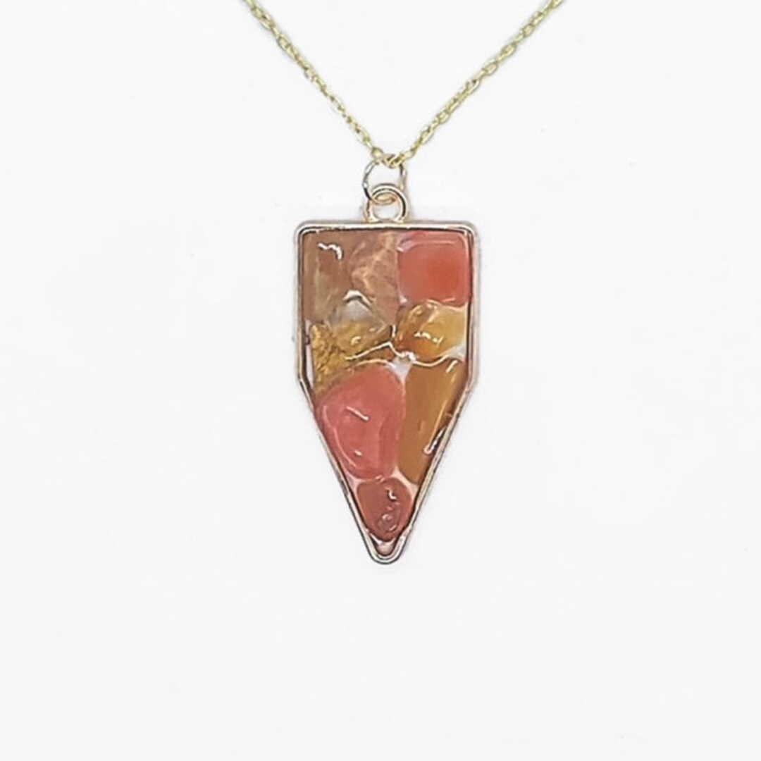 Mixed Gemstone Necklace, Gold Crystal Pendant, Pointed Pendant, Resin