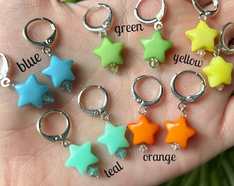 colorful bubble star huggie hoop sterling silver earrings with swarovski crystals | hypoallergenic | celestial jewelry