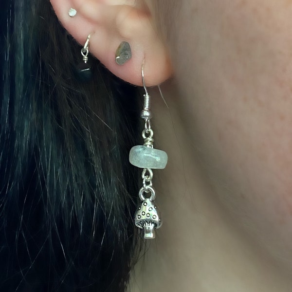 flashy moonstone mushroom dangle earrings | healing crystals | 925 sterling silver | bohemian gift | blue flash moonstone