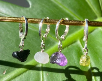 gemstone crystal sterling silver huggie hoop dangle earrings | crystal charm hoops