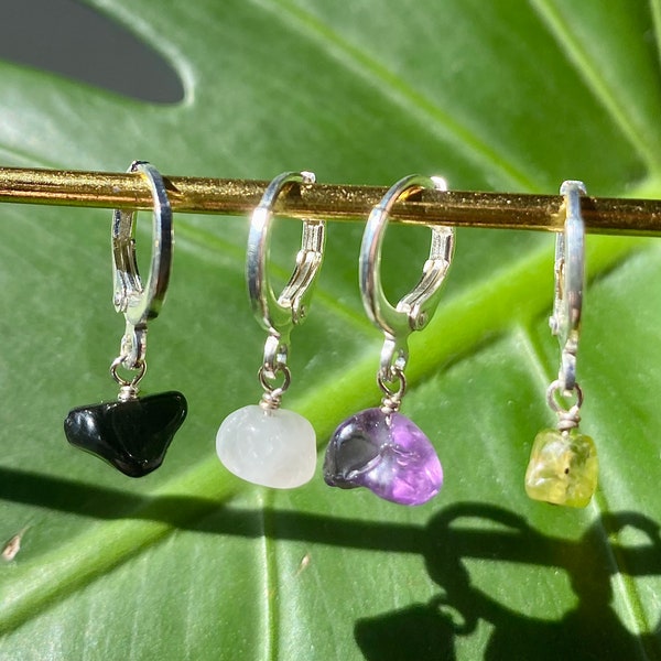 gemstone crystal sterling silver huggie hoop dangle earrings | crystal charm hoops