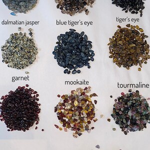 Peut inclure: Assortiment de pierres roul&eacute;es, dont du labradorite, du quartz fum&eacute;, de l'obsidienne, du jaspe dalmatien, de l'&oelig;il de tigre bleu, de l'&oelig;il de tigre, du grenat, de la mookaite, de la tourmaline et de la fluorine.