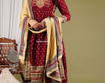 Attractive Embroidered Rayon Kurti Pant And Dupatta Set Indian Wedding Dress Readymade Kurti Pant Set Designer Kurtis Women