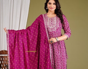 Attractive Embroidered Kurti Pant Set, Naira Cut Kurti Set, Cotton Printed Kurti Pant Dupatta Set, Indian Wedding Designer Dresses.