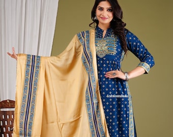 Attractive Embroidered Rayon Kurti Pant And Dupatta Set Indian Wedding Dress Readymade Kurti Pant Set Designer Kurtis Women