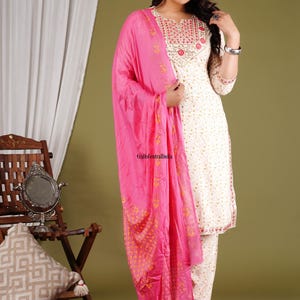 Pure Cotton Neck Embroidered Kurta Pant Dupatta Set, Indian Traditional Kurta Set, Salwar Kameez Set For Women, Christmas Gift. image 5