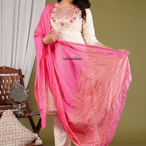 Pure Cotton Neck Embroidered Kurta Pant Dupatta Set, Indian Traditional Kurta Set, Salwar Kameez Set For Women, Christmas Gift. image 3