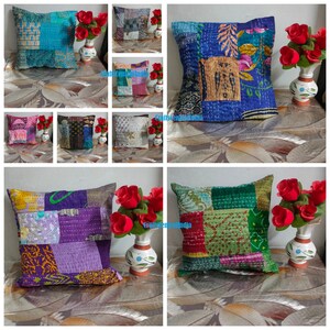 May include: A collage of nine colorful patchwork pillow covers. Each pillow cover is made of different fabrics and colors, and they are all stitched together to create a unique design. The pillow covers are all square and have a slightly textured surface.