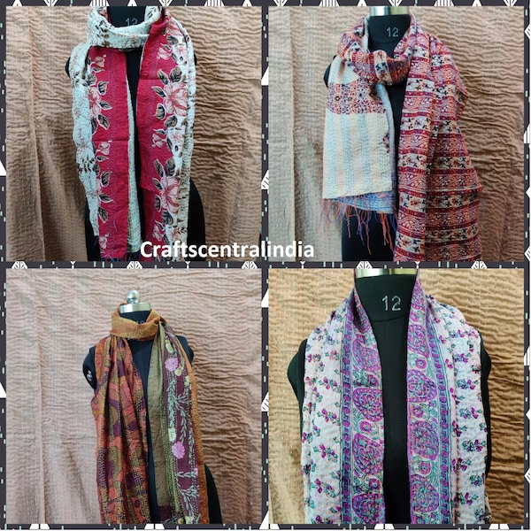 Pack Of 5 Pcs Fine Quality Silk Indian Kantha Scarf Scarves Stole Bohemian Hippie Handmade Bohemian Scarves Scarf ( Assorted Colors )