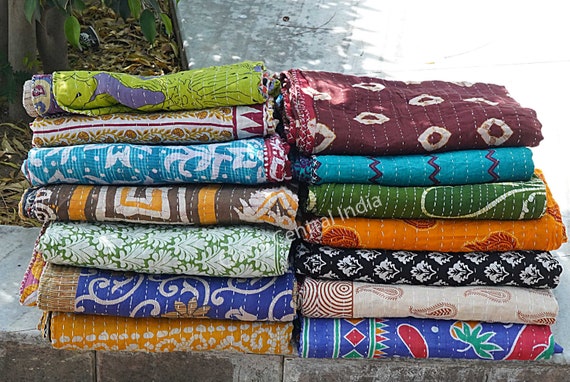 Edredón Kantha Indio Hecho A Mano, Manta Kantha, Tiro, Kantha, Ropa De