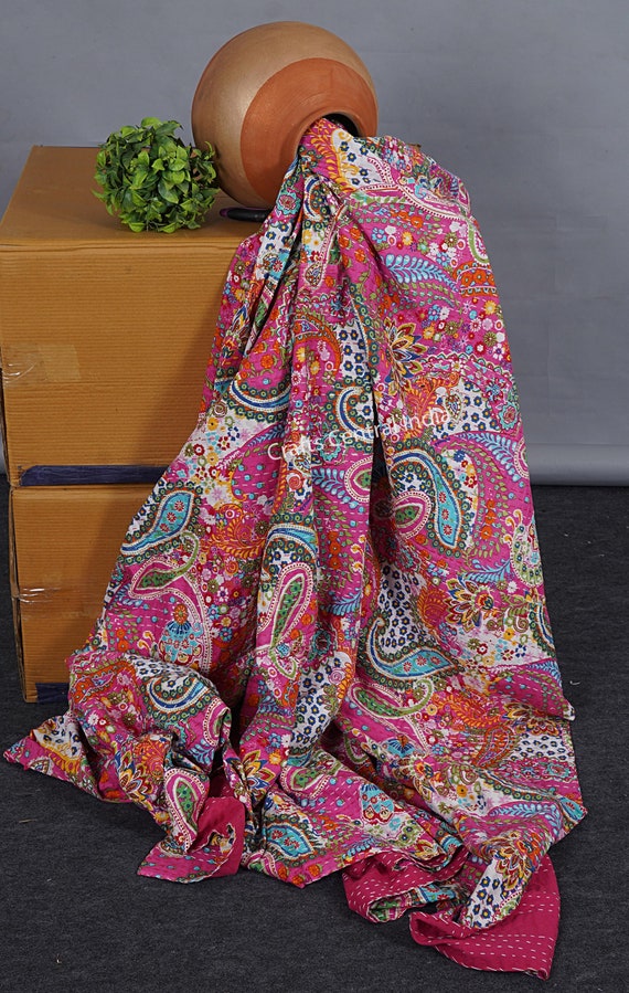 Large Selection : Cotton Kantha Indian Quilts Throw Bedspread Handmade Bedding Blanket Hippie Twin Size Paisley Coverlets Boho Hand Quilts