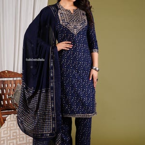 Pure Cotton Neck Embroidered Kurta Pant Dupatta Set, Indian Traditional Kurta Set, Salwar Kameez Set For Women, Christmas Gift. image 8
