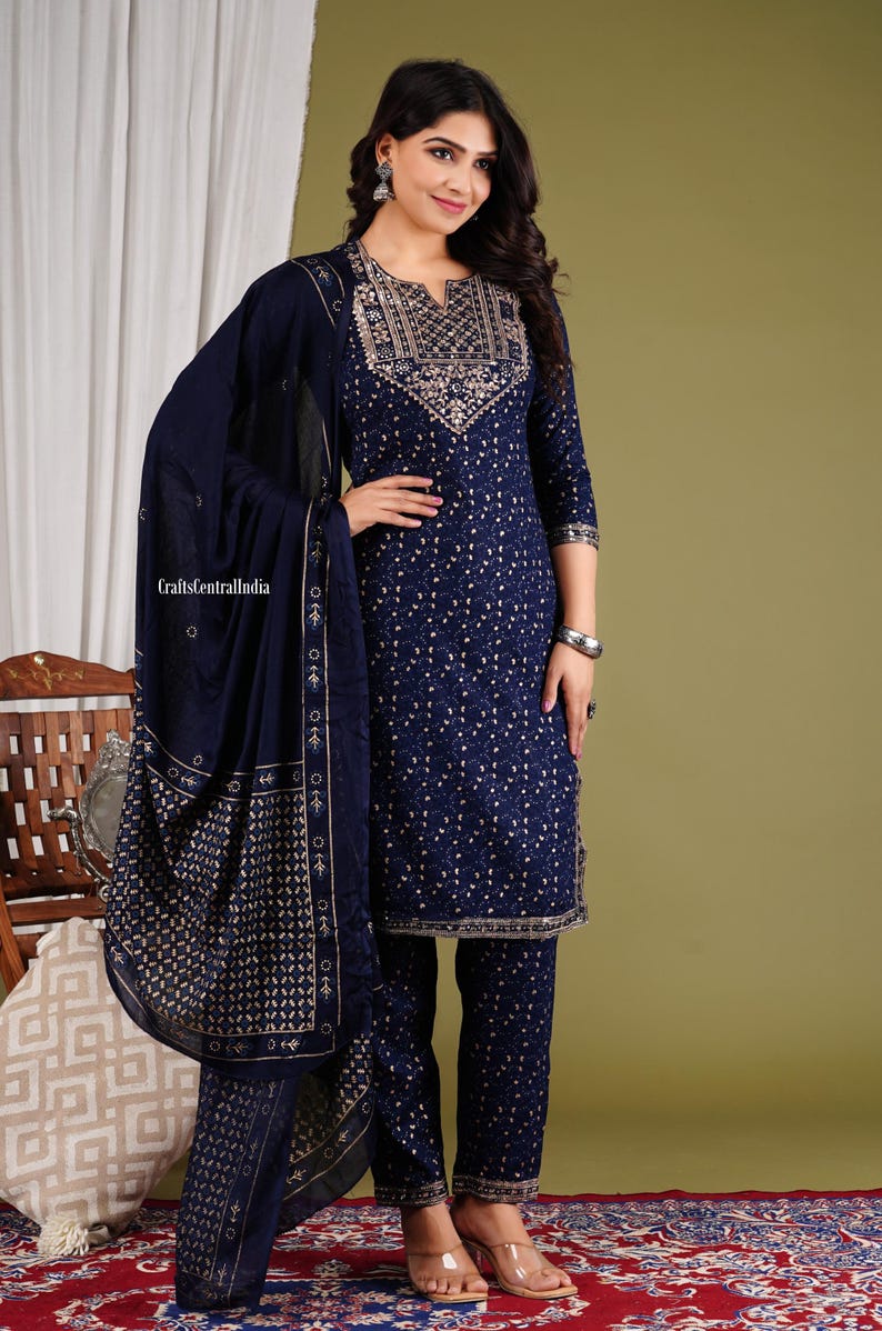 Pure Cotton Neck Embroidered Kurta Pant Dupatta Set, Indian Traditional Kurta Set, Salwar Kameez Set For Women, Christmas Gift. image 8
