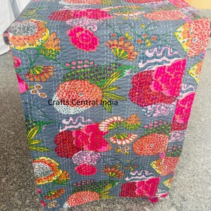 Indian Cotton Floral Kantha Quilt Boho Bedspread Ethnic Bedding Throw Handmade Bohemian King Size Quilted Coverlet Printed Quilt Reversible