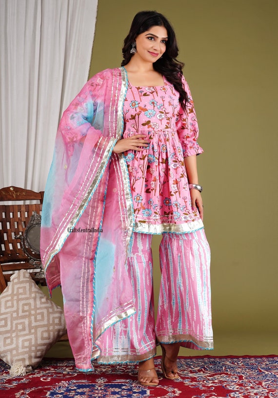 Pink Sharara Suit Women, Sharara Kurti With Dupatta Set, Indian Wedding/ Party Wear Kurta Set, Pakistani Heavy Suits, Gift For Her.