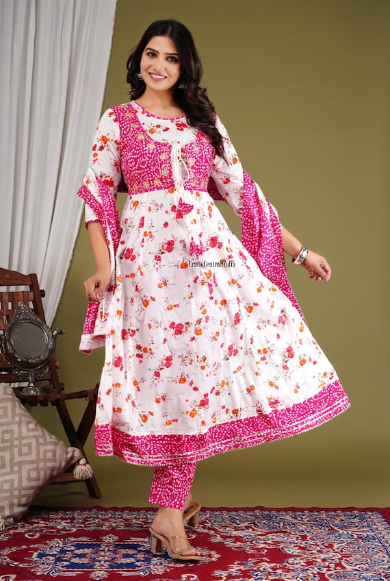 Anarkali Kurti With Pant And Dupatta Bandhani Kurti Set For Women Readymade Anarkali Dress 3 Piece Set Indian Wedding Wear Flared Dress