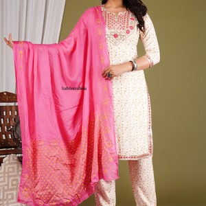 Pure Cotton Neck Embroidered Kurta Pant Dupatta Set, Indian Traditional Kurta Set, Salwar Kameez Set For Women, Christmas Gift. image 4