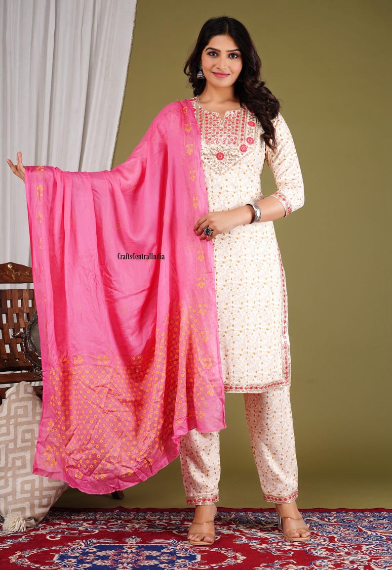 Pure Cotton Neck Embroidered Kurta Pant Dupatta Set, Indian Traditional Kurta Set, Salwar Kameez Set For Women, Christmas Gift. image 4