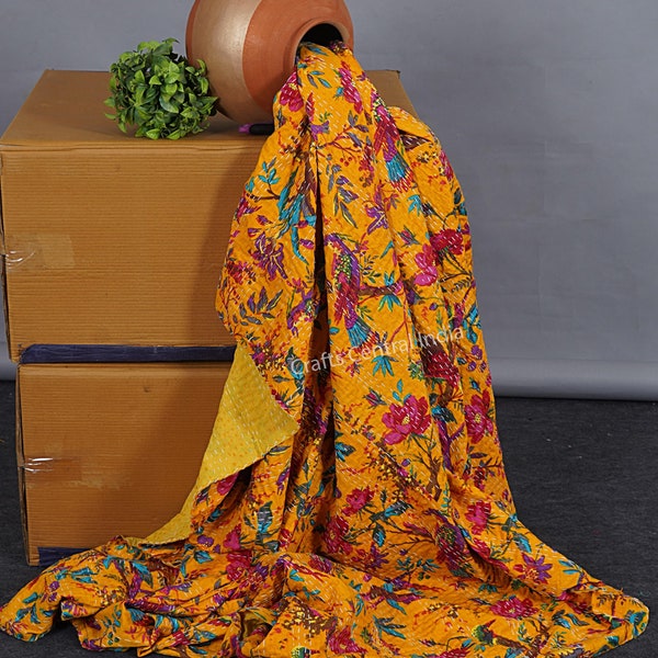 Indian Handmade Bird Print Kantha Quilt Reversible Blanket Bedspread Cotton Fabric BOHEMIAN boho quilt bedding coverlets