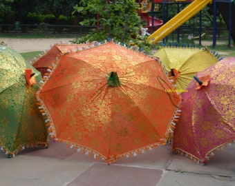 Wholesale Lot Golden Printed Indian Wedding Umbrella Sun Parasols Decorative Colorful Parasols, Decoration Gold Printed umbrella