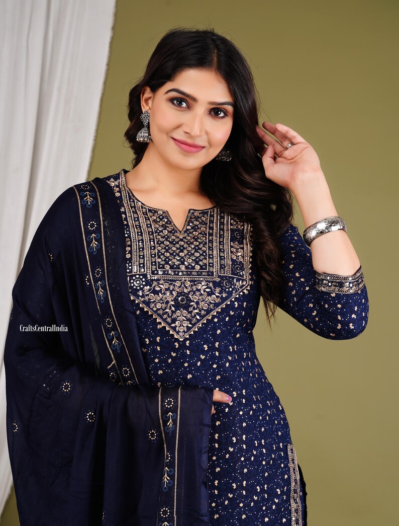 Pure Cotton Neck Embroidered Kurta Pant Dupatta Set, Indian Traditional Kurta Set, Salwar Kameez Set For Women, Christmas Gift. Blue