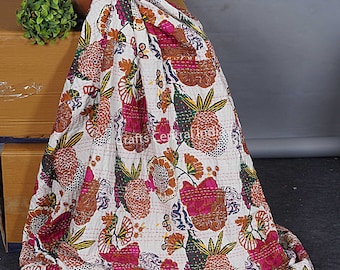 May include: White cotton kantha quilt with a floral print in shades of pink, orange, green, and brown. The quilt is hand-stitched and has a traditional Indian design.