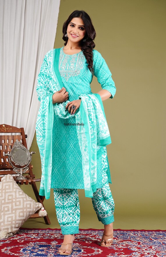 Printed Cotton Afghani Pant With Kurti Set, Designer Kurta Pant With Dupatta, Pakistani Suits For Women, Indian Wedding Party Wear Dress.