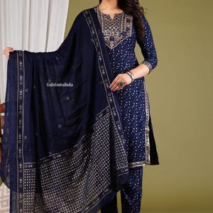 Pure Cotton Neck Embroidered Kurta Pant Dupatta Set, Indian Traditional Kurta Set, Salwar Kameez Set For Women, Christmas Gift. image 7