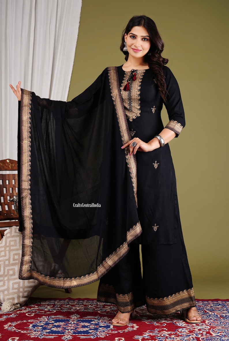 Floral Printed Cotton Straight Kurti Set Traditional Wear Kurti Pant With Dupatta Set Readymade 3 Piece Salwar Kameez Dress Gift For Her image 4