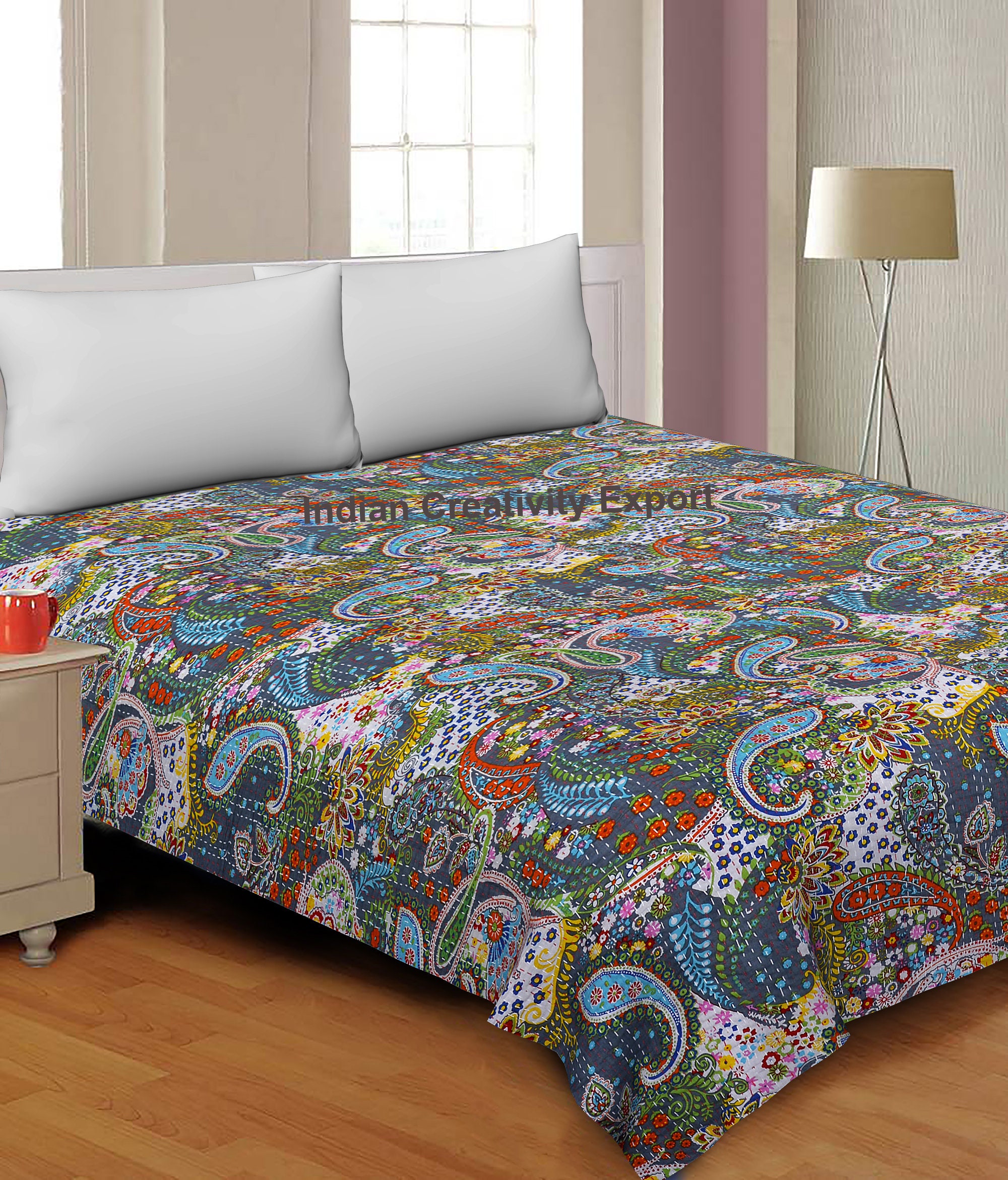 Indian Kantha Quilt Bedspread Ethnic Reversible Bedding Gudri Etsy