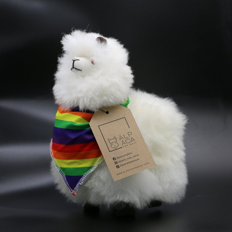 K&ouml;nnte beinhalten: Wei&szlig;es Alpaka-Pl&uuml;schtier mit einem Regenbogen-Schal. Das Spielzeug hat eine braune Nase und schwarze Augen. Das Etikett auf dem Spielzeug lautet "Alpaca New Wave" mit Social-Media-Handles und einer Website-Adresse.