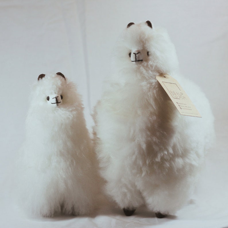 K&ouml;nnte beinhalten: Zwei wei&szlig;e Alpaka-Pl&uuml;schtiere, eines gr&ouml;&szlig;er als das andere, stehen auf einer wei&szlig;en Oberfl&auml;che. Das gr&ouml;&szlig;ere Alpaka hat ein Etikett mit der Aufschrift "Alpaca Love".