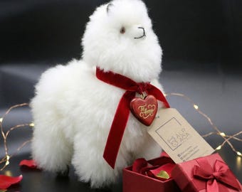 Real Alpaca Fur Llama Plush 9" - Romantic Valentine's Day Gift - Handmade Fluffy Toy -Soft Natural Home Decor - Unique Love Gift