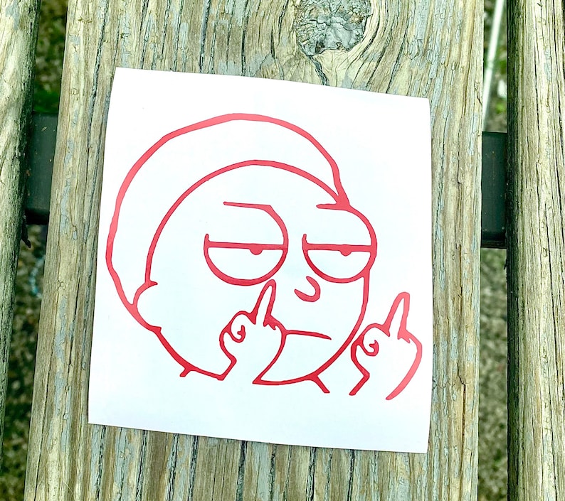 Puede incluir: Pegatina roja que representa a un personaje de dibujos animados haciendo la peineta con ambas manos. El personaje tiene una expresi&oacute;n de mal humor y est&aacute; delineado en rojo. La pegatina est&aacute; sobre un fondo blanco.