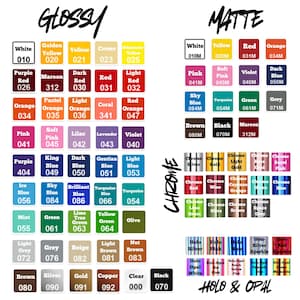 Puede incluir: Carta de colores con acabados brillantes, mate, cromo y holo & &oacute;palo. La carta muestra una variedad de colores, incluyendo blanco, amarillo, rojo, naranja, rosa, azul, verde y marr&oacute;n, con los c&oacute;digos de color correspondientes.